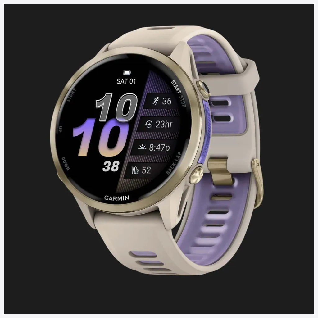 Garmin Forerunner 970 Soft Gold Titanium with French Gray Case and French Gray/Translucent Indigo Band